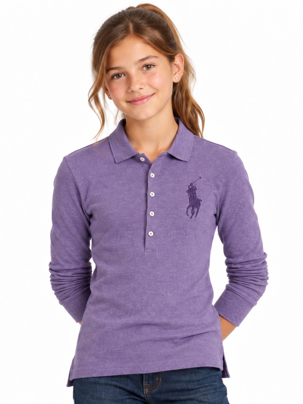 Ralph Lauren Girls M Purple The Skinny Polo Long Sleeve Big Pony Shirt
